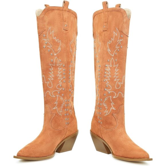 Women Faux Suede Tan Thick Heels Pointed toe Studs Embroider Rivets Riding Boots - Picture 6 of 8